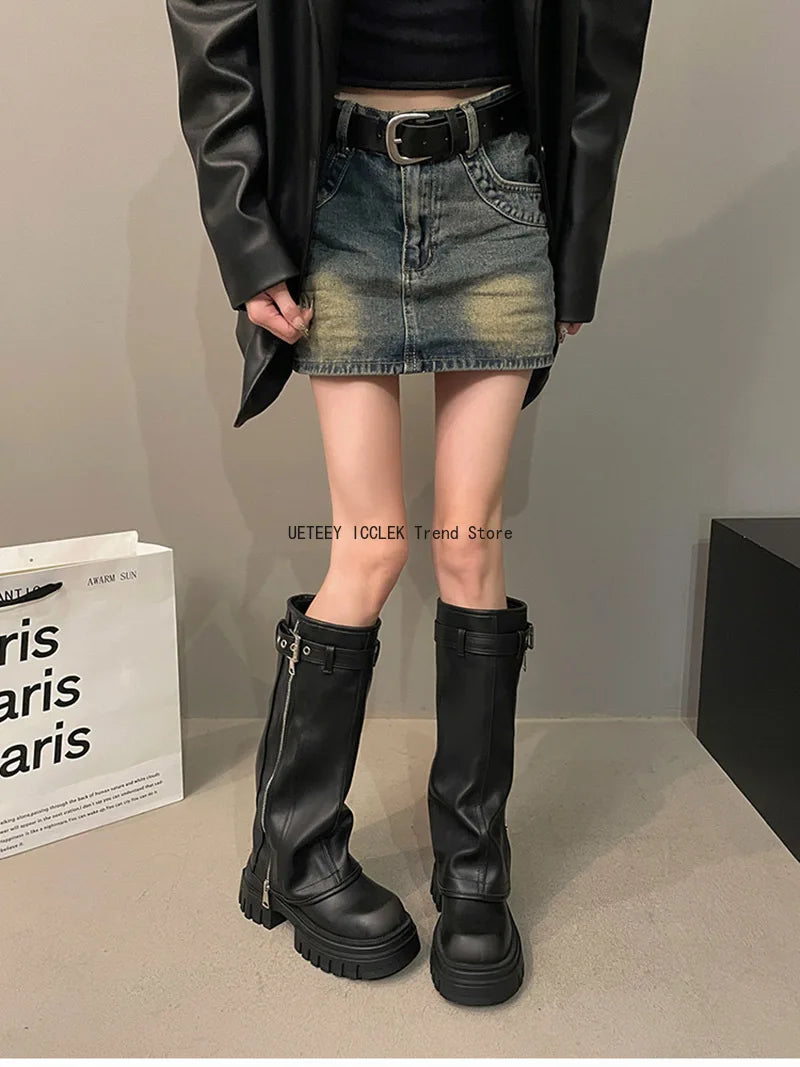 Winter Women Biker Boots – Fashion Belt Buckle, Elegant Platform Knee-High Booties for Ladies
