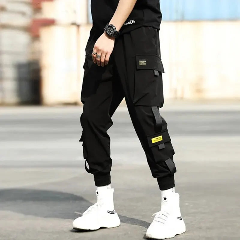 New Men's Korean Fashion Work Pants – Multi-Pocket, Loose Fit, Nine-Minute Length, Drawstring Leg, Casual Daily Sweatpants for Spring and Autumn