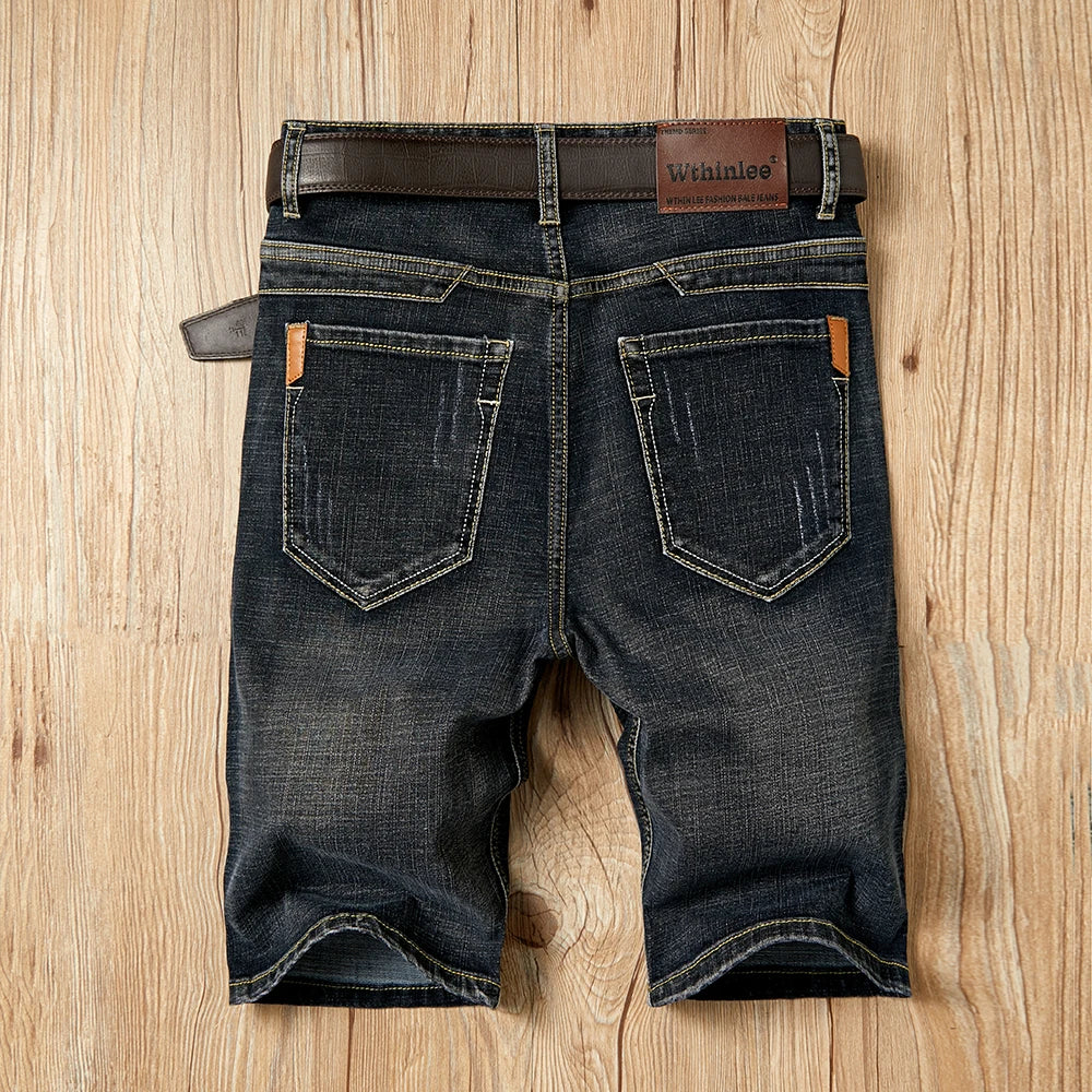 Men's Shorts Jeans – Denim Stretch Pants, Dark Blue, Fashion Design, Slim Straight Fit, Summer Shorts for Men