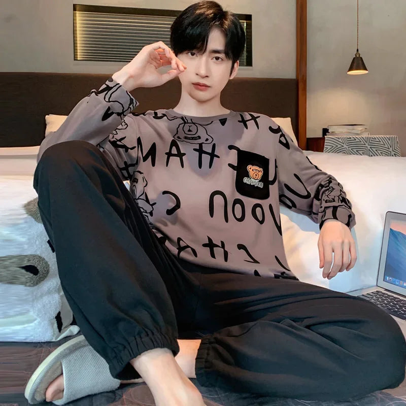 Men's Pajamas Set – 2PCS, Plus Size, Long Sleeve, Loose Fit, Breathable, Cartoon Bear & Striped Letters, Crew Neck Loungewear