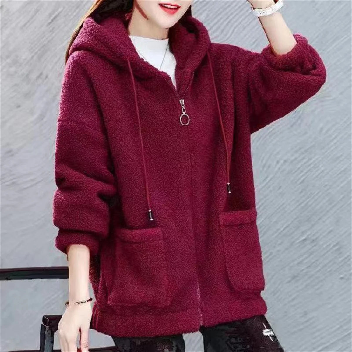 Women's Fleece Hooded Sweater – Solid Color, Lamb Cashmere, Cardigan Jacket, Plush, Autumn Winter Casual Coat