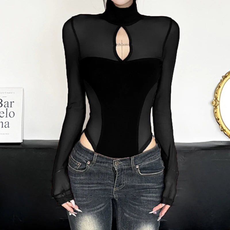 Hollow Out Mesh Bodysuit – Slim-Fit, Turtleneck, Long Sleeve, Korean Chic Elegance