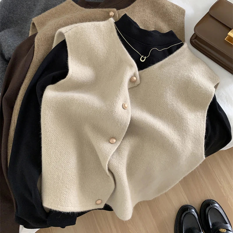 Korean Knitted Sleeveless Cardigan – Elegant, Slim Fit, Casual Fashion, Autumn Wear