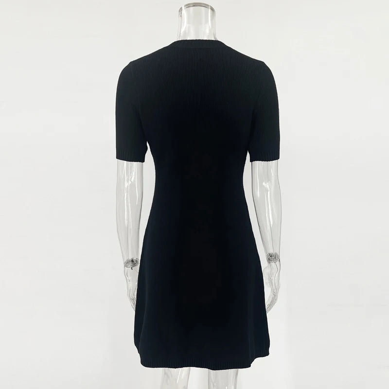 Elegant Knitted Mini Dress – Sexy, Slim Fit, Ribbed Knit, Metal Button, Short Sleeve, Holiday, Party Wear