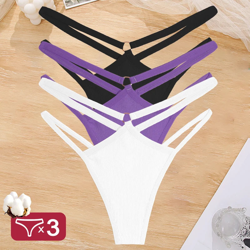 3PCS Set Women's Cotton G-String Thongs – Low Waist, Sexy, Hollow Out, Elastic, Breathable Lingerie