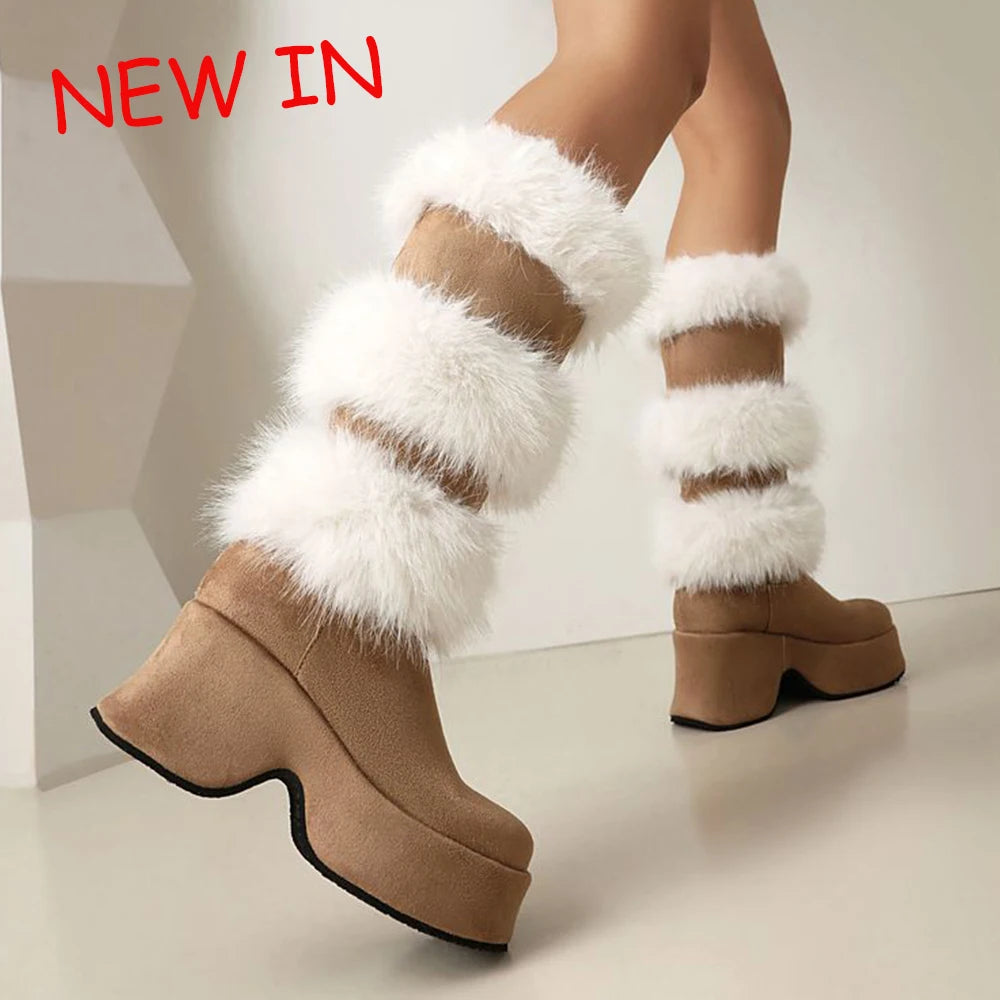 Platform Furry Boots – Chunky High Heeled Winter Autumn Knee High Boots, Women Faux Fur Zip, Gothic Style Punk Shoes Ladies