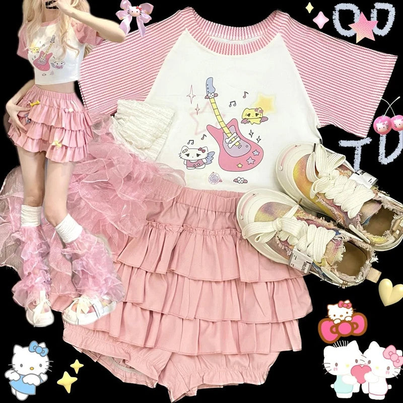 Y2K Sweet Ruffle Mini Skirt – Kawaii Lolita A-Line, Harajuku High-Waisted Bow Skirt in Pink & White