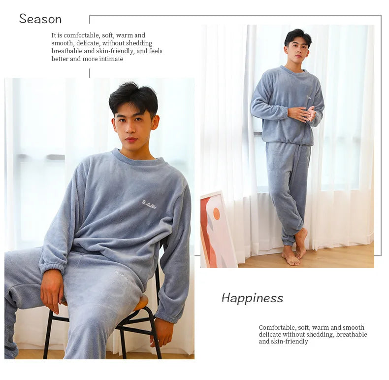 Men's Coral Velvet Pajamas – Thickened, Warm, Long Sleeve & Trousers, Solid Color, Soft Sleepwear, Autumn Winter 2PCS Set