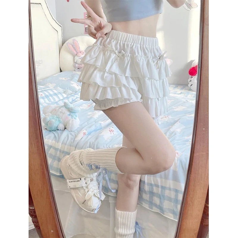 Y2K Sweet Ruffle Mini Skirt – Kawaii Lolita A-Line, Harajuku High-Waisted Bow Skirt in Pink & White