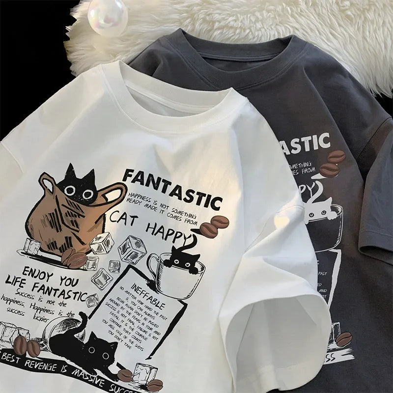Oversized Cartoon Cat T-Shirt – Unisex Korean Style, Casual Short Sleeve Couple Tee