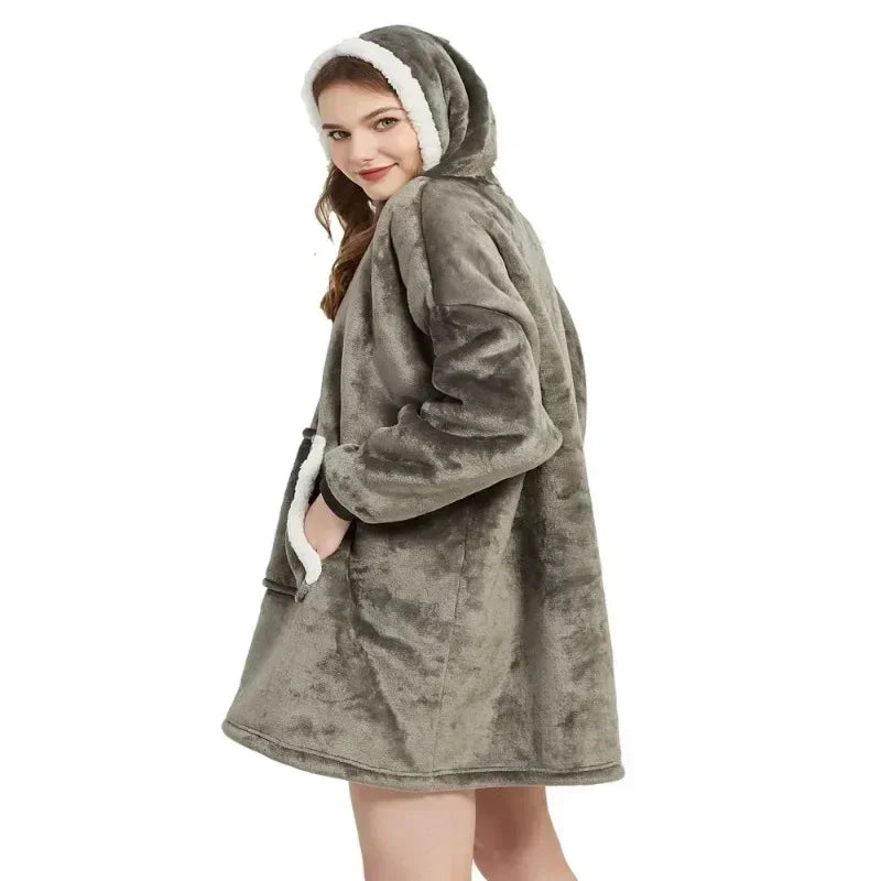 Winter Oversized Blanket Hoodie – Unisex Pullover, Fleece, Long Flannel Sleeves, Giant TV Sweatshirt