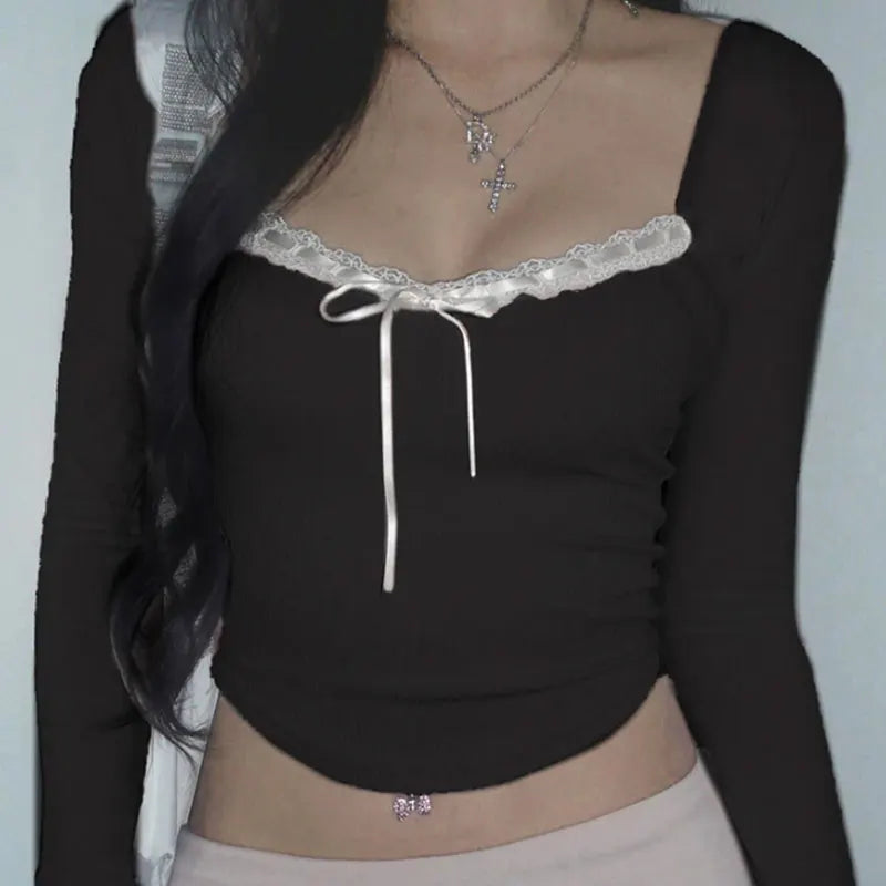 Cute Bandage Bow Cropped Top – Pink Coquette Y2K Square Collar Tee for Spring & Fall