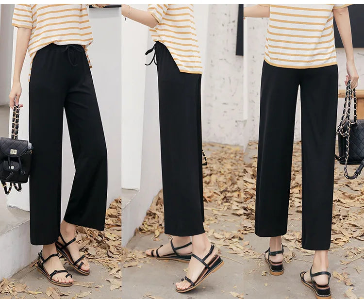 Women Ankle-Length Wide Leg Pants – Casual, Summer, Solid Color, Elastic Waist, Loose Fit, Ice Silk, Spring/Summer