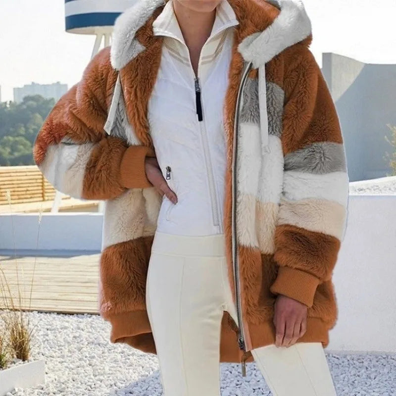 Oversized Hooded Jacket for Women – Warm Plush, Pockets, Loose Streetwear Outerwear for Autumn & Winter