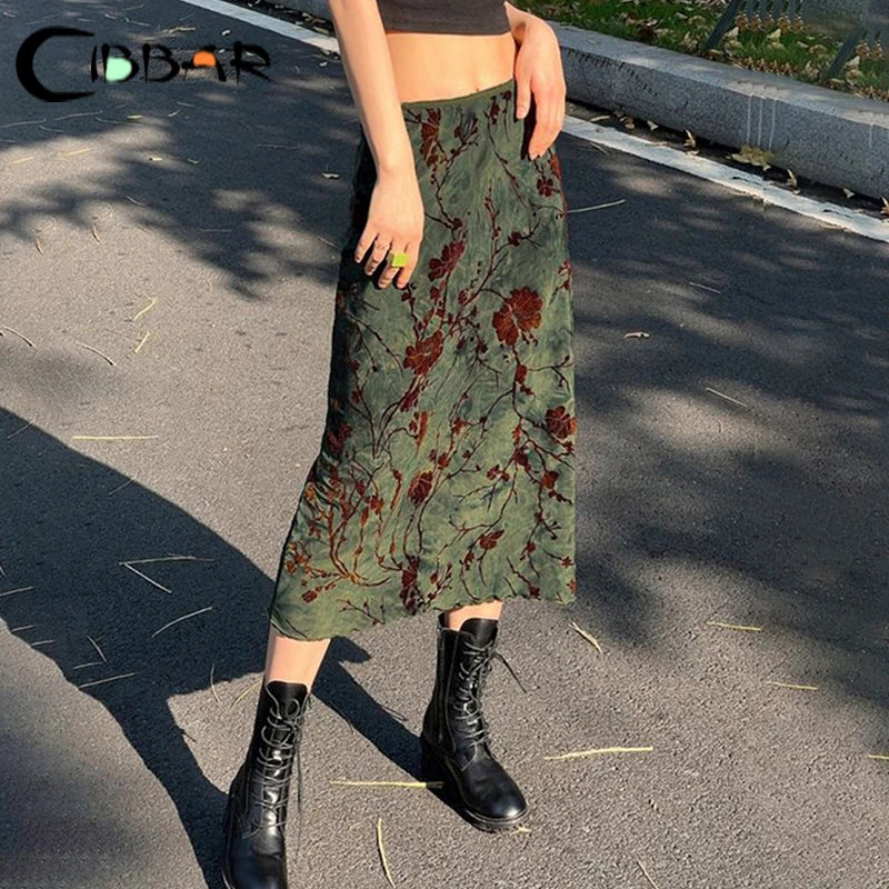 Floral Print Long Skirt – Vintage Low-Rise, Straight Midi, Spring Summer, Y2K Style