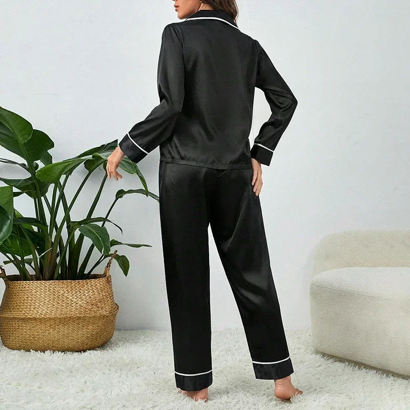 Plus Size Autumn and Winter Silk Pajamas – Women's Solid Casual Soft Nightwear, Button-Up Cardigan Sleepwear & Homewear