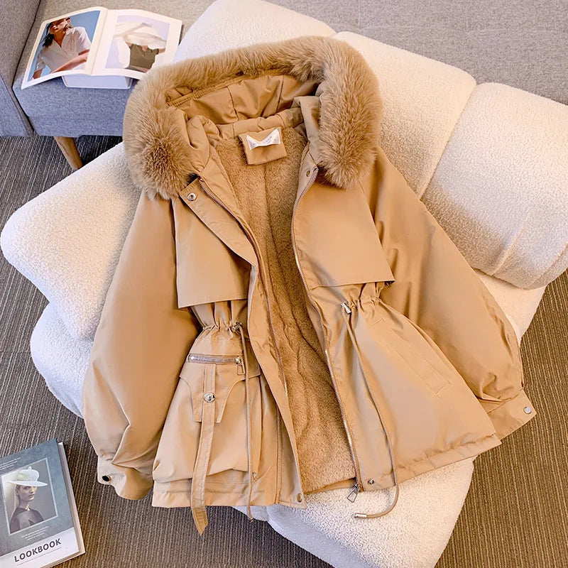 Women's Fleece-Lined Hooded Down Jacket – Warm Drawstring Puffer Parka, Korean Casual Streetwear