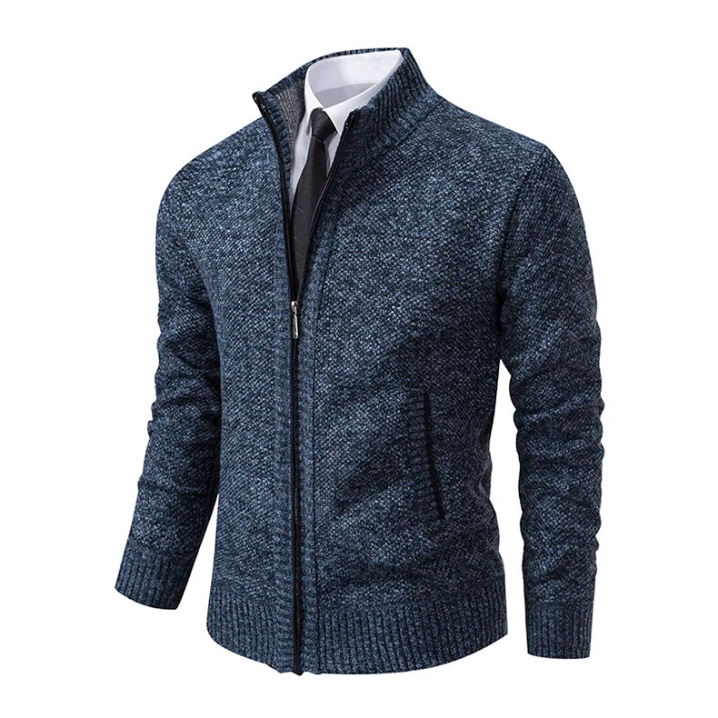 Jersey Men's Casual Sports Coat – Solid Color Stand Collar Sweater, Fleece-Lined, Warm Zipper Cardigan