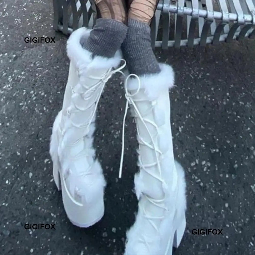 Platform Furry Boots – Chunky High Heeled Winter Autumn Knee High Boots, Women Faux Fur Zip, Gothic Style Punk Shoes Ladies