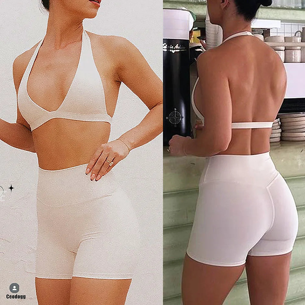 1/2PCS Deep V Bra Gym Halter Yoga Set – Women's Sportswear, Workout Fitness Shorts, Activewear Outfit