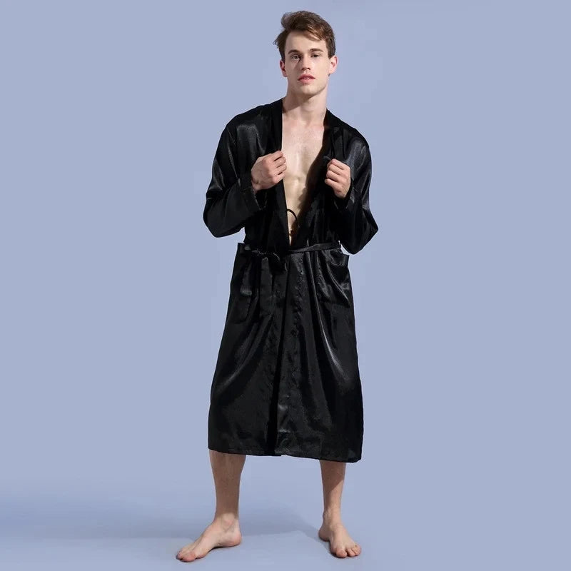 Men's Satin Kimono Robe – V Neck, Long Bathrobe, Sleepwear, Christmas & Wedding Party Loungewear Gown