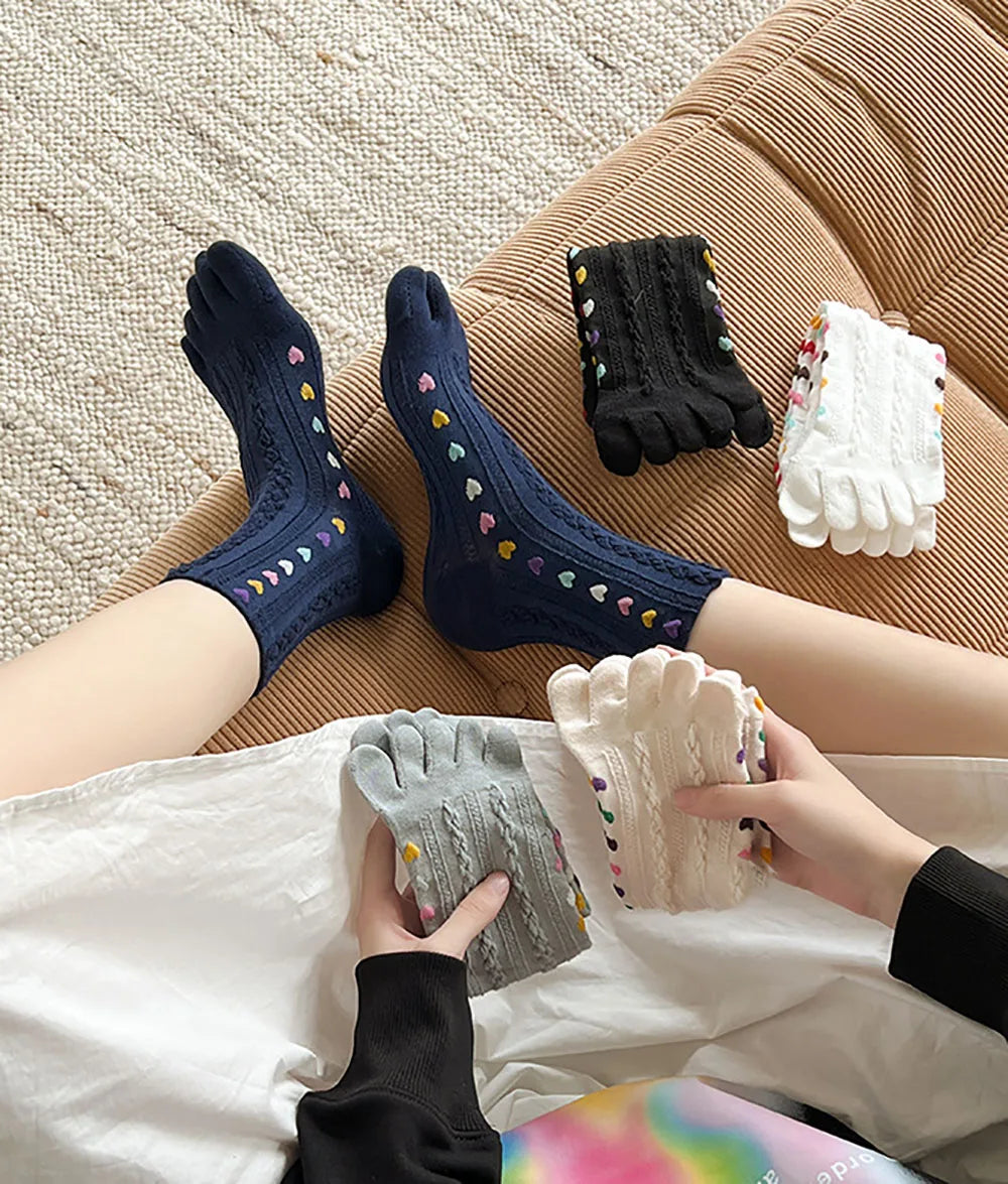 Colorful Heart Braid Five Finger Socks for Women – Spring Autumn, Middle Tube, Cotton, Breathable, Crew Socks, Streetwear