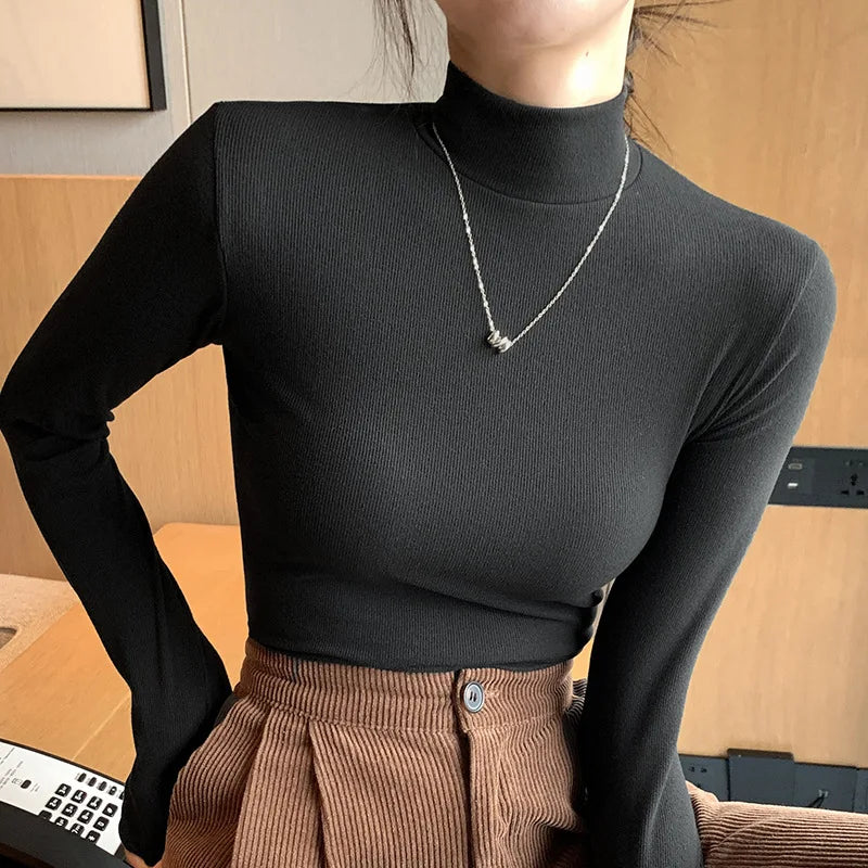 Knitted Half-Turtleneck Pullover – Elegant Korean Fashion, Long Sleeve, Women’s Sweater Jumper