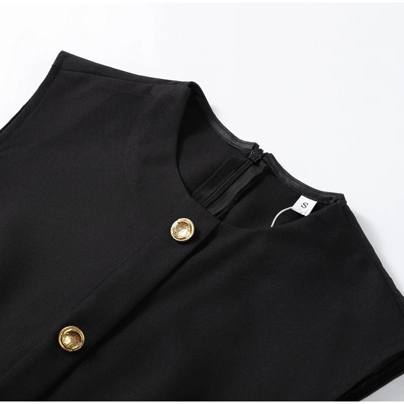 Urban Women Single-Breasted Dress – O-Neck, Sleeveless, Pocket Design, Mid-Length, Spring/Summer, Solid Color, Elegant Lady Robe