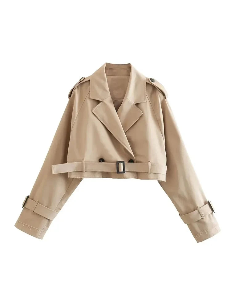 Belted Cropped Trench Jacket – Vintage Double-Breasted Spring Coat, Long Sleeve Streetwear