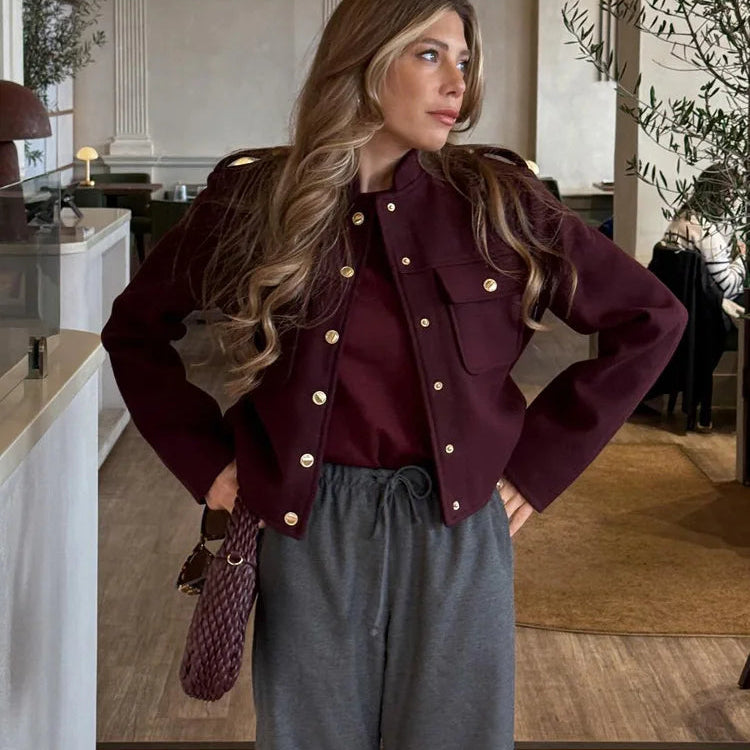 Women's Soft Tweed Bomber Jacket – O-Neck, Long Sleeve, Button-Up, Loose Woolen Streetwear Coat