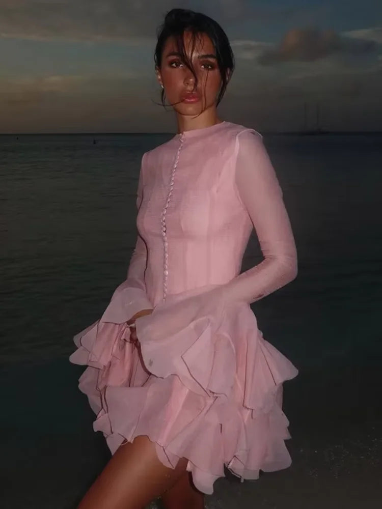 Luxury O-Neck Pink Ruffle Button Dress – Long Sleeve, High Waist, Fashionable Short Evening Prom Dress for Women