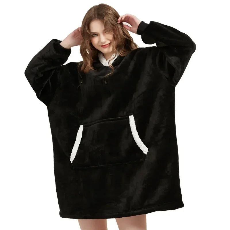 Winter Oversized Blanket Hoodie – Unisex Pullover, Fleece, Long Flannel Sleeves, Giant TV Sweatshirt