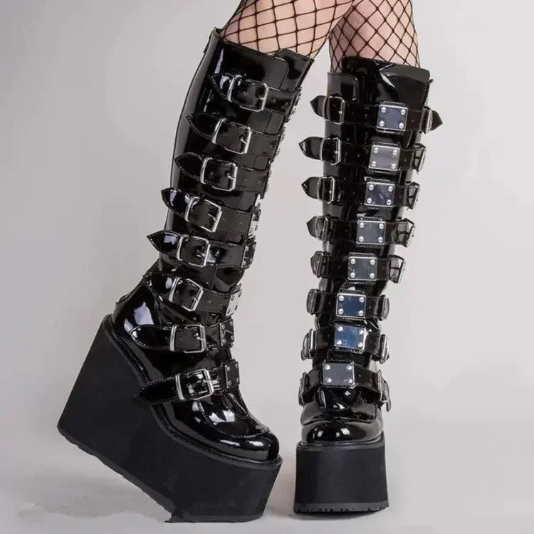 Women Boots Cosplay – High Heel Platform Wedge Boots with Gothic Buckle Strap Design
