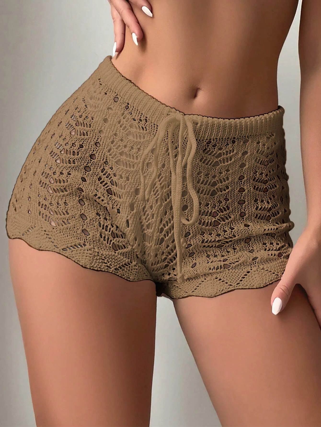 Hollow Drawstring Knitted Shorts – 100% Polyester, Open Waist, Bikini Cover-Up