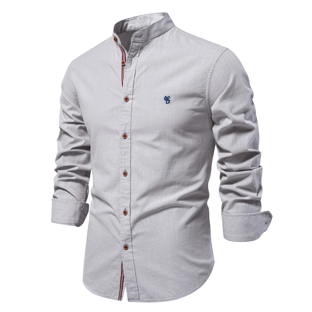 100% Cotton Social Shirt For Men – Solid Color, Long Sleeve, High Quality Brand, Spring Stand Collar, Casual Style