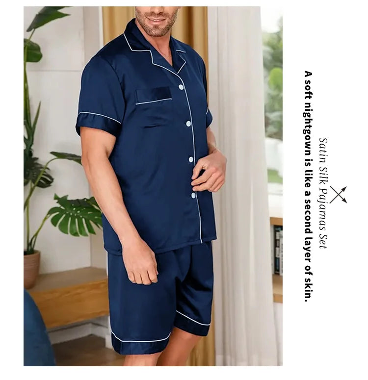Men's Summer Pajamas Set – Short Sleeve, Button-Down Shirt with Pocket, Matching Shorts, Comfortable Loungewear Sleepwear