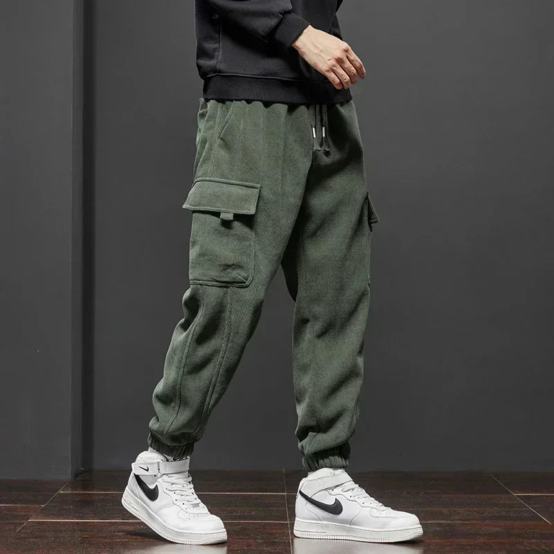 Men's Corduroy Harem Cargo Pants – Spring Autumn Streetwear, Army Green/Gray/Black, Elastic Waist Casual Joggers Sweatpants