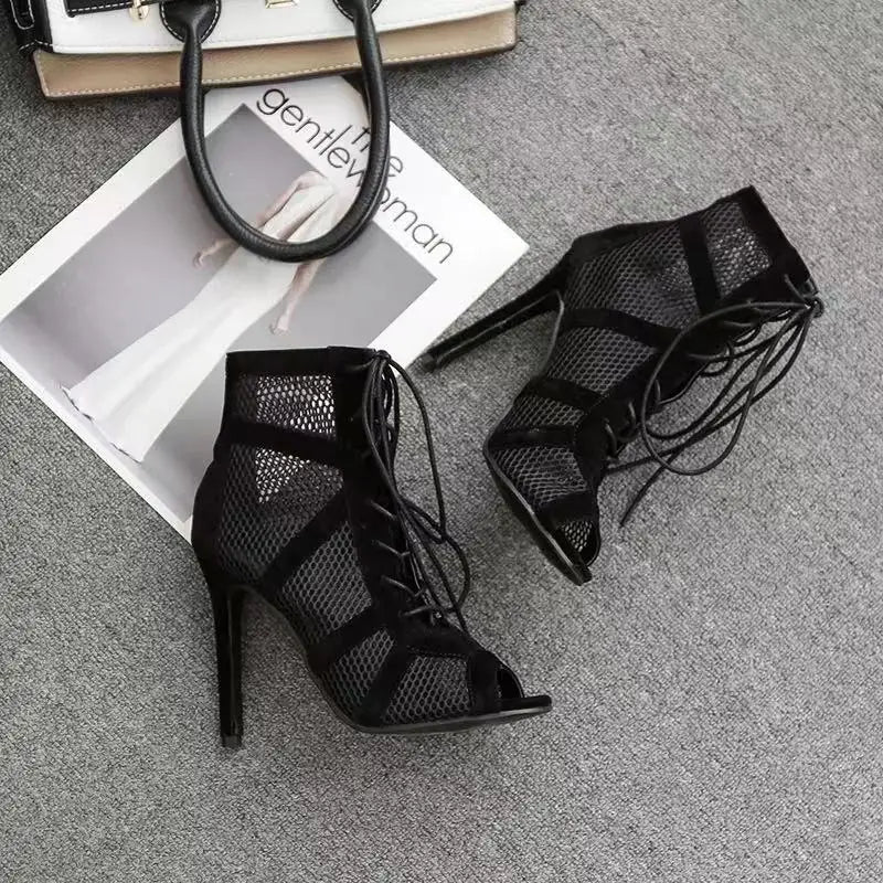 Stiletto High Heels Summer Boots – Mesh Net, Peep Toe, Cross Tied Nude Ankle Boots