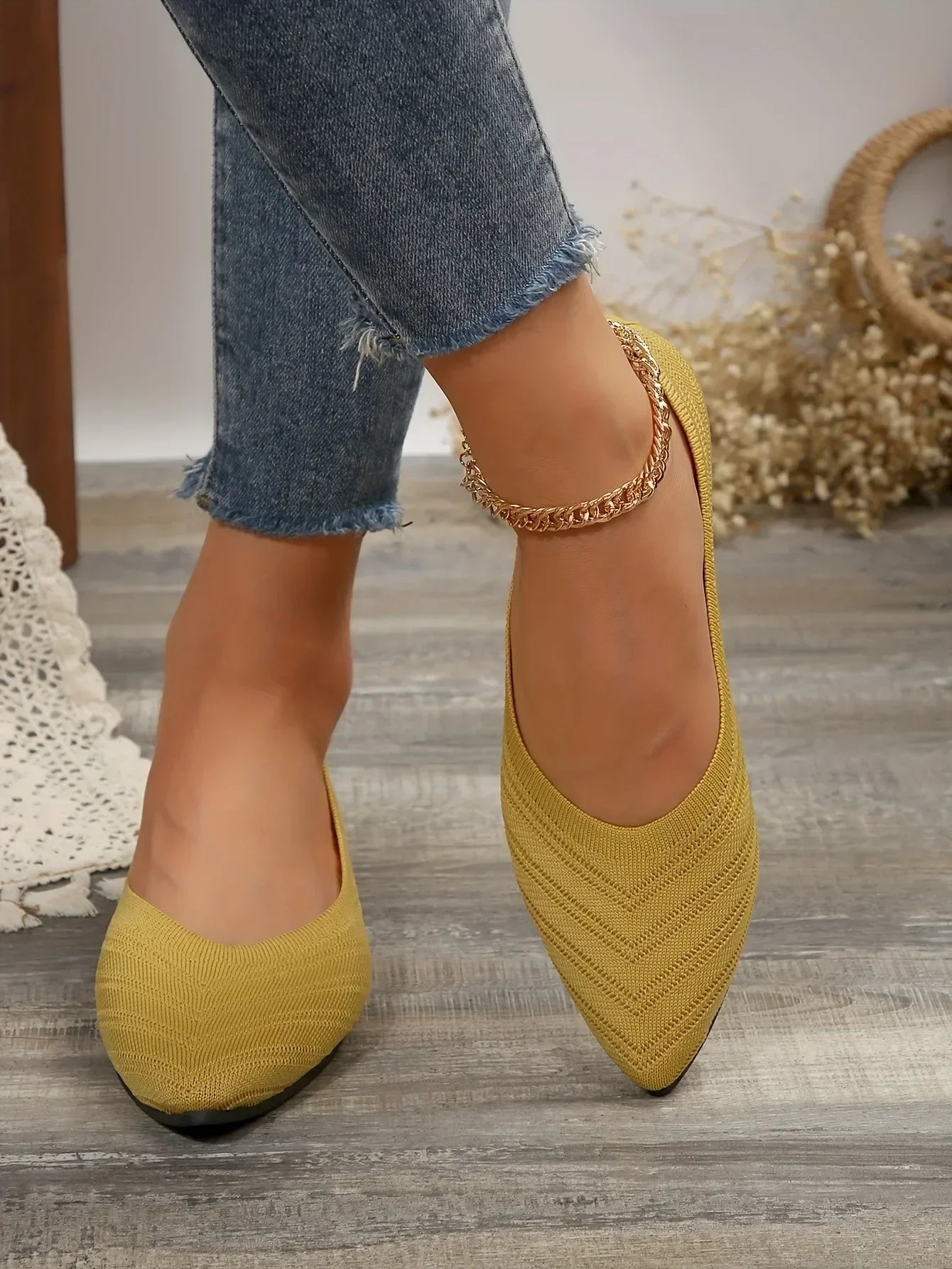 Pointed Toe Flats - Solid Color Knitted Slip-On Office Shoes, Casual Ballet Flats, Women's Loafers, Zapatos de Mujer