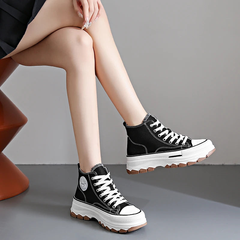 Women’s High Top Canvas Sneakers - Lace-Up, Non-slip, Wear-Resistant, Spring Platform