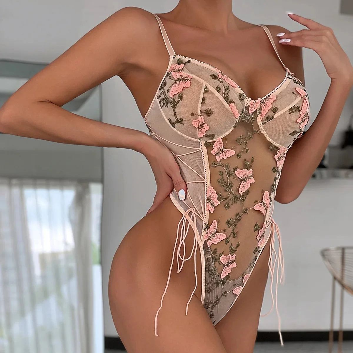 Yimunancy Boho Butterfly Embroidery Mesh Bodysuit – Women's Transparent Lace-Up Sexy Bodysuit, Body Femme