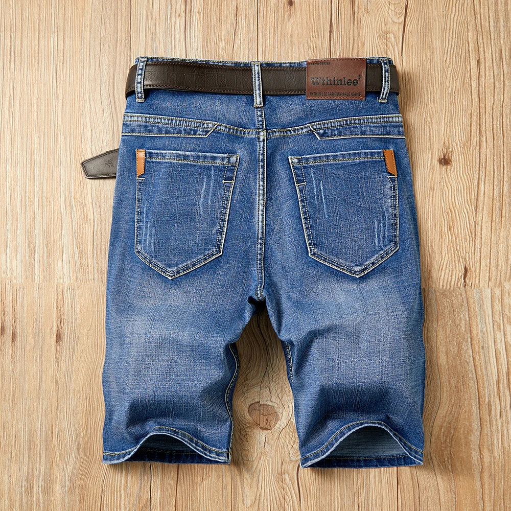 Men's Shorts Jeans – Denim Stretch Pants, Dark Blue, Fashion Design, Slim Straight Fit, Summer Shorts for Men