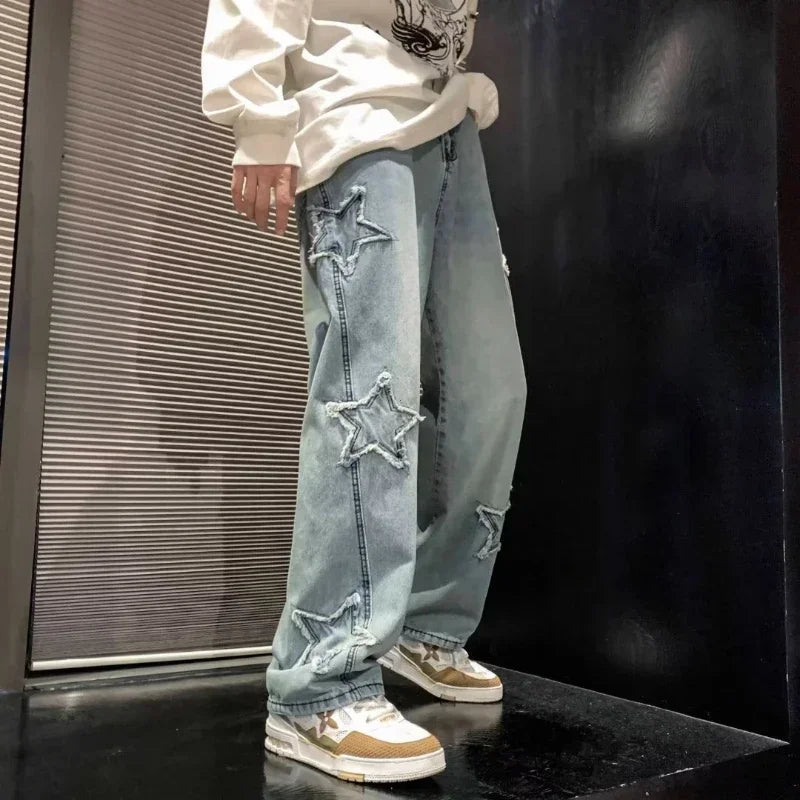 Stars Patchwork Men Jeans – New Fashion Y2K, Tassel Design, Korea Style, Straight Fit, Hip Hop Splicing Trousers, Male Streetwear