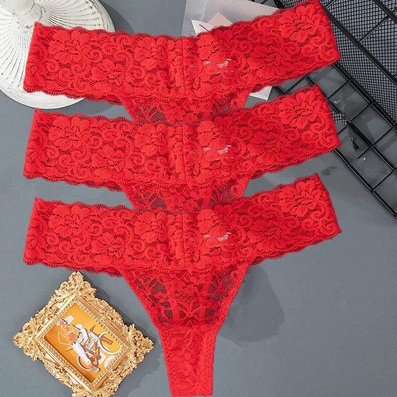 3PCS Lace Floral Thong Panties – Low Waist, Breathable, Sexy, Transparent, Solid Color Women's Underwear