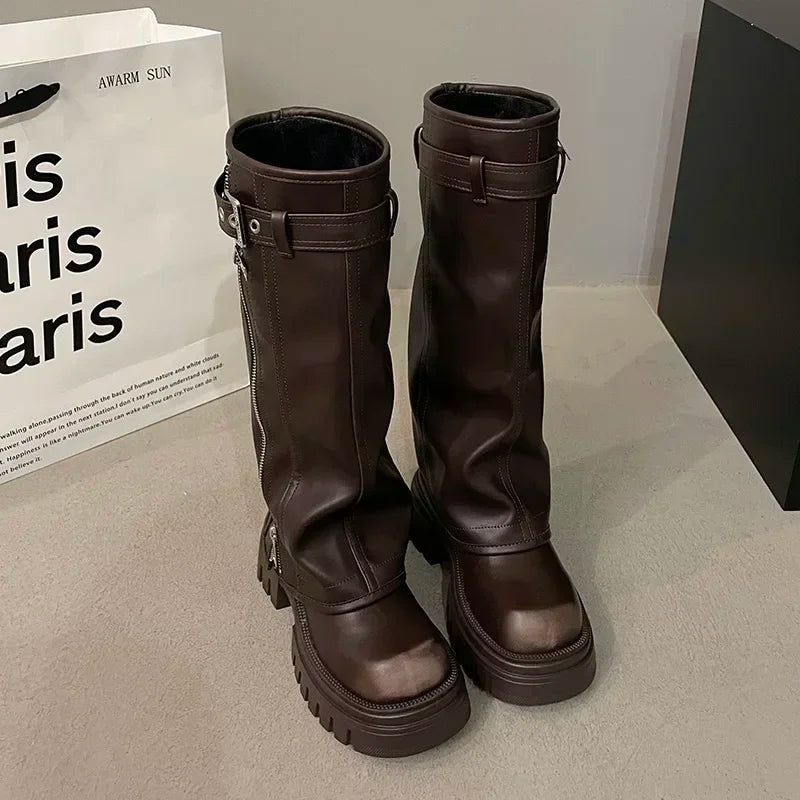 Winter Women Biker Boots – Fashion Belt Buckle, Elegant Platform Knee-High Booties for Ladies