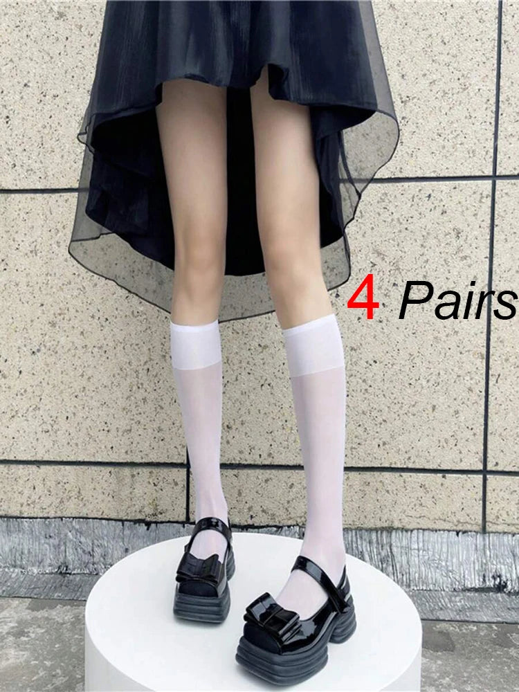 4 Pairs Black White Semi-Transparent Nylon Socks – Classic, Versatile, Comfortable, Breathable, Suitable for Daily Wear
