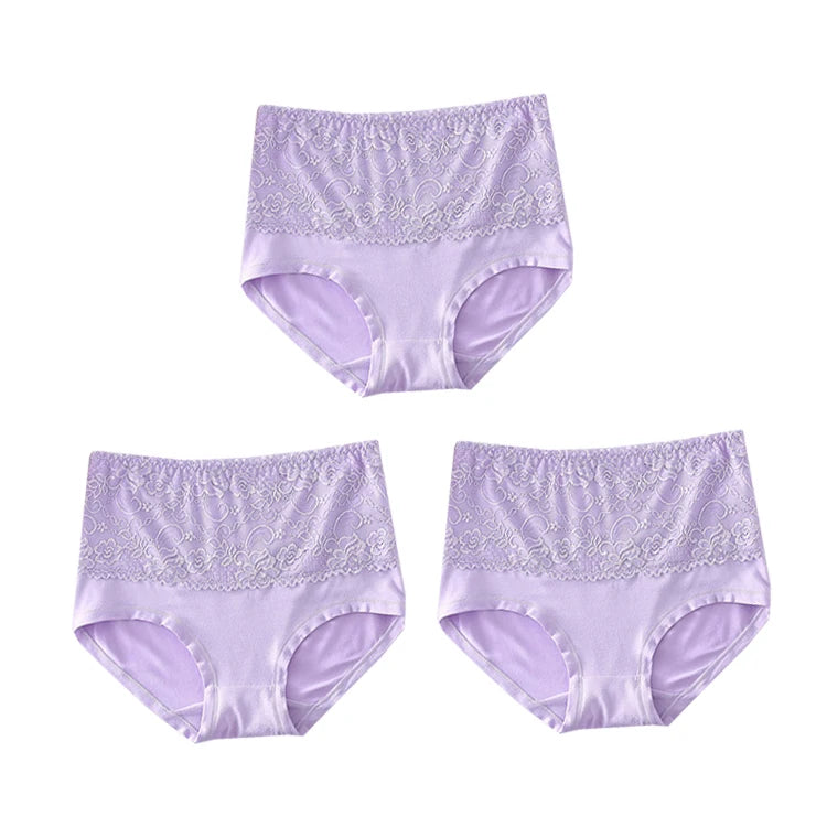 3PCS High Waist Women's Panties – Large Size, Breathable Cow Milk Silk, Lace Briefs, Sexy Female Lingerie
