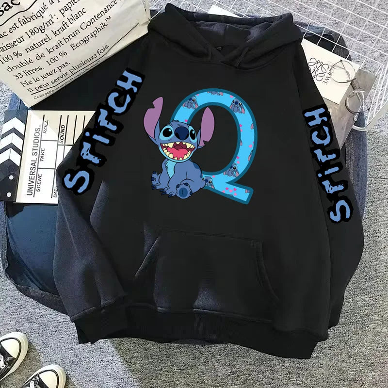 Women's Winter Disney Hoodie – Cute Kawaii Lilo & Stitch, Lucky Letter Print, Black, Fashion Couple Streetwear (Big Size)