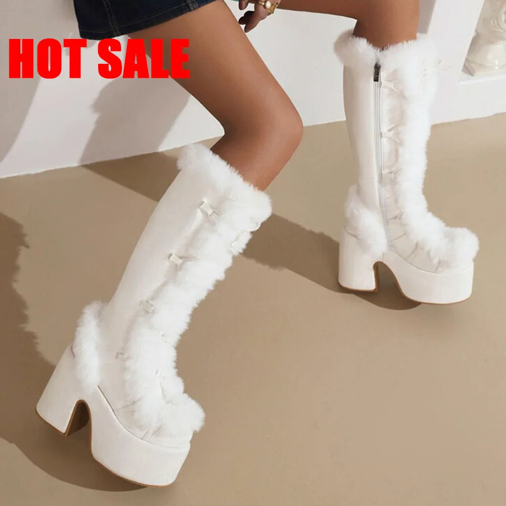 Platform Furry Boots – Chunky High Heeled Winter Autumn Knee High Boots, Women Faux Fur Zip, Gothic Style Punk Shoes Ladies