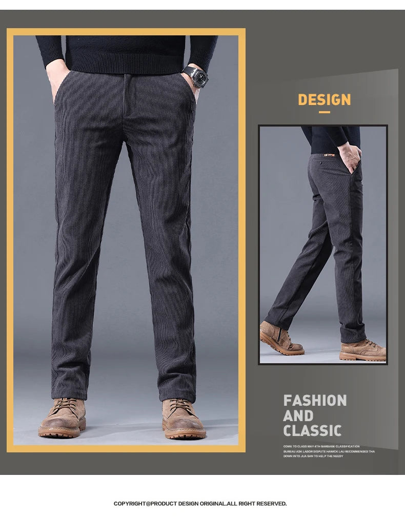 Fleece Men's Corduroy Casual Pants – Chenille Thick Stretch, Mid-Rise, Business Trousers, Winter Thermal Brand Pants